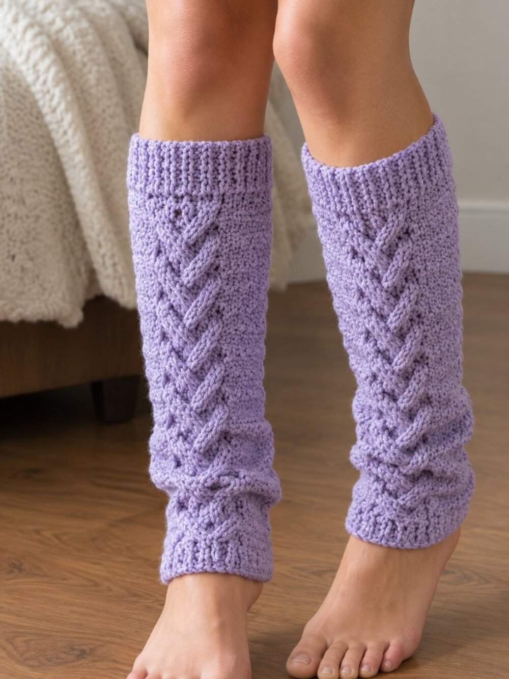 NEW Handknit Handmade Lavender Light Purple Cable Leg Warmers